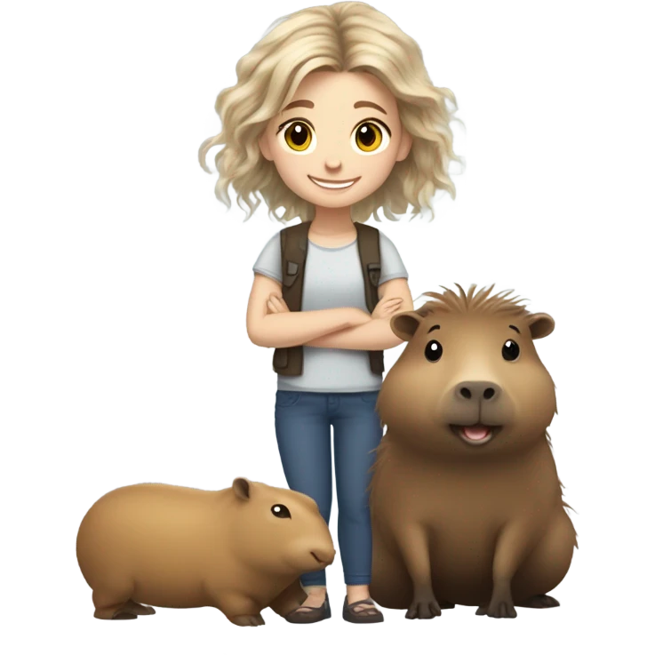 happy 10-year-old white girl with kind of messy hair, smiling next to capybara emoji