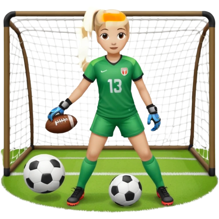 Make a dirty blonde football goalkeeper with goalkeeper gloves on holding a football. The girl is light skinned and wearing a football kit and football shoes. Standing in front of football goal. Wearing a ponytail with the dirty blonde hair emoji