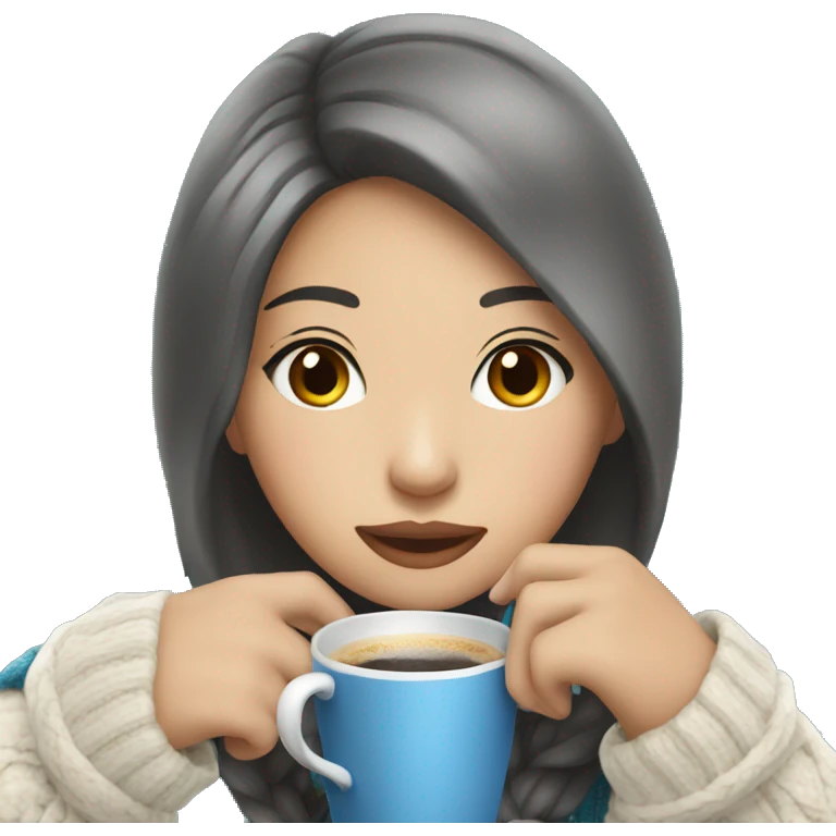 Asian girl drinking coffee wearing blue Christmas sweater emoji