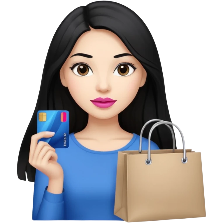 Girl with long black hair, pink lipstick, brown eyes holding shopping bags and blue credit card emoji