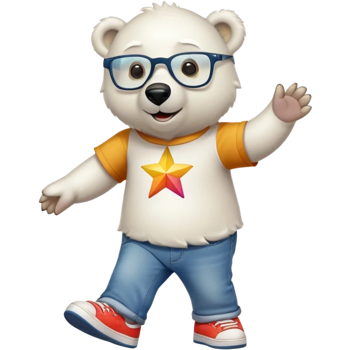 friendly anthropomorphised polar bear walking, excited expression, wearing shirt, jeans, trainers, oversized colorful star glasses emoji