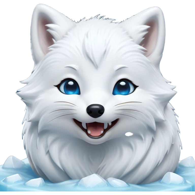 Cinematic Cute Yawning Arctic Fox Portrait Emoji, Head tilted slightly with a dramatic, wide-open yawn, showcasing a soft, downy white Fur with subtle icy blue accents and gently drooping ears, round eyes barely open in drowsy contentment, Simplified yet irresistibly adorable features, highly detailed, glowing with a soft, cozy glow, high shine, relaxed yet expressive, stylized with a touch of arctic whimsy, bright and endearing, soft glowing outline, capturing the essence of a sleepy yet affectionate arctic fox, so drowsy it feels like it could stretch out of the screen and curl up for a nap! emoji