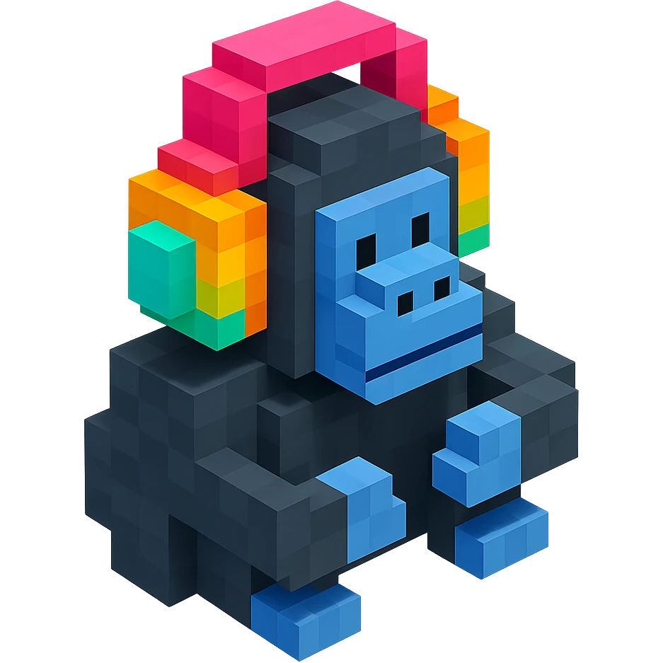 voxel style gorilla with colorful headphones, isometric view emoji
