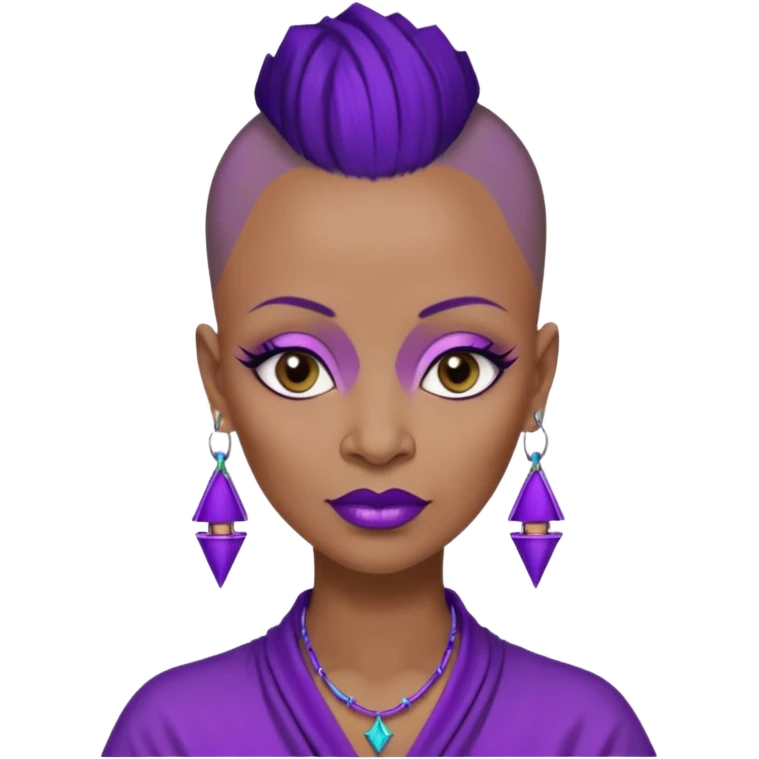 57 years young,  brown skinned Black queen with a  no hair on side and a  mohawk hairstyle, purple lipstick,  purple eyeshadow,  droopy looking  eyes, bamboo triangle earrings with the name Draya personalized on them.  emoji