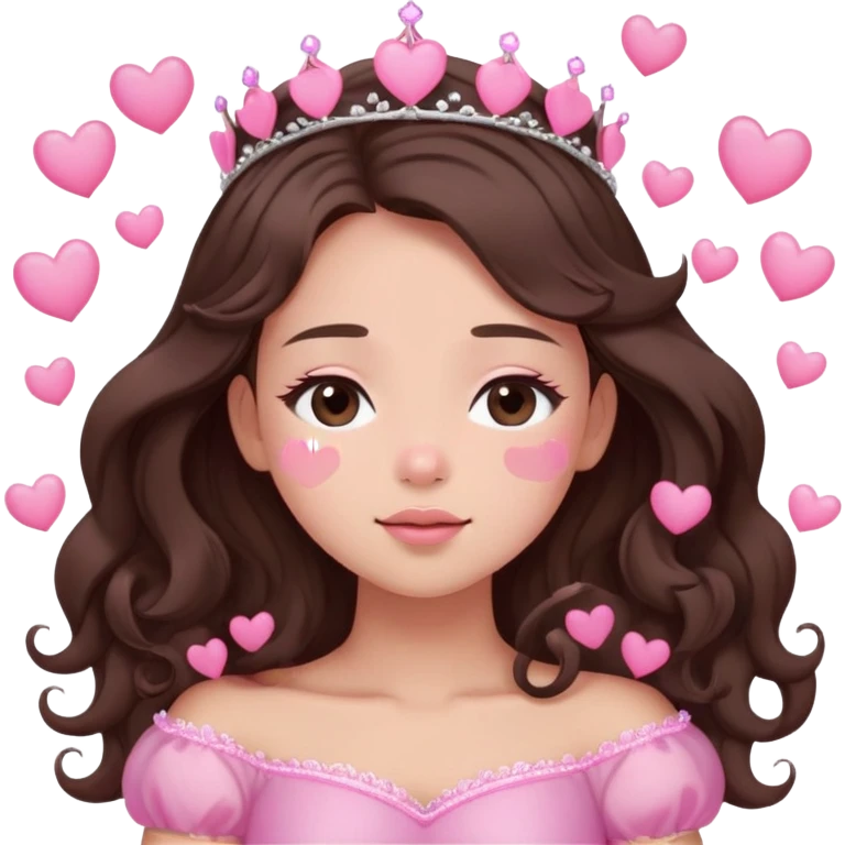 cute, blushing, eyes closed, pink hearts floating around face, pink tiara on girl with wavy long dark brown hair emoji