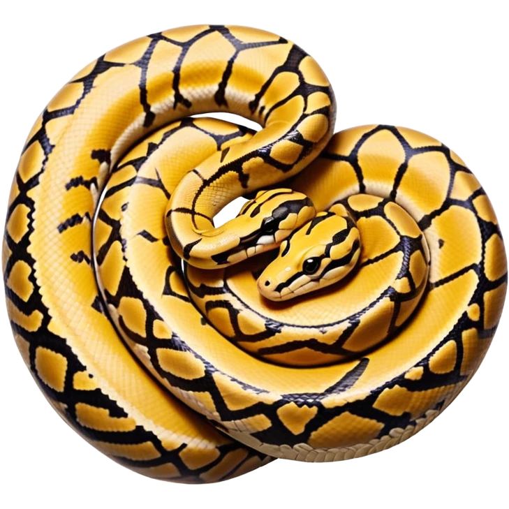 A photo-realistic top-down view of a Ball Python gently coiled into a tight spiral, with its head resting peacefully at the center. Its scales are warm brown with bold, irregular black markings, including the distinctive “alien-head” pattern, flowing smoothly along its body.  emoji