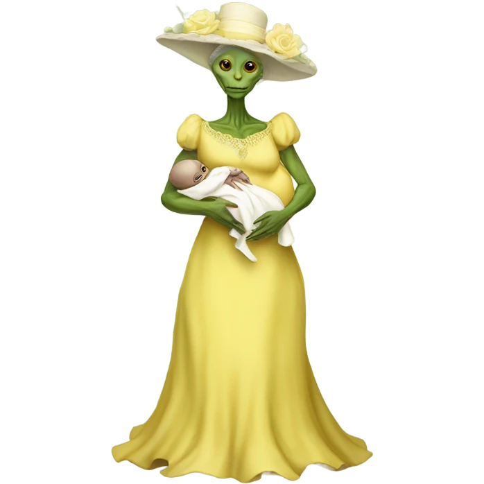  Reptilian alien woman , full body, in victorian jellow elegant dress , holds a newborn white humman baby emoji