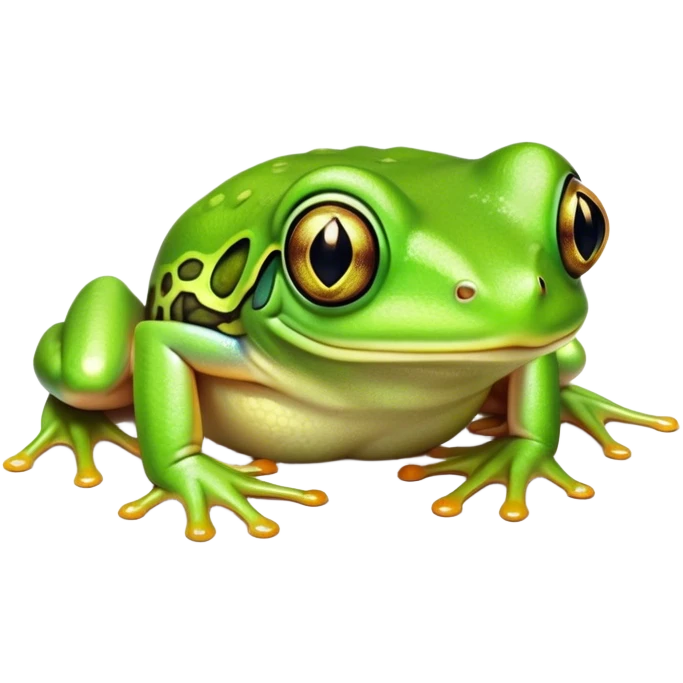 Cinematic Cute Green Tree Frog Portrait Emoji, Head tilted playfully and inquisitively, featuring a charmingly compact form with vivid green, slightly textured skin, prominent sticky toe pads, and round, sparkling eyes full of playful wonder, Simplified yet irresistibly adorable features, highly detailed, glowing with a warm, inviting jungle glow, high shine, affectionate and lively, stylized with a touch of tropical whimsy, soft glowing outline, capturing the essence of a mischievous yet loving frog that seems as if it could hop out of the screen into your arms! emoji