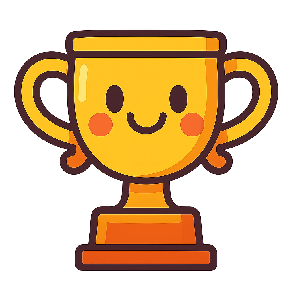 cartoon style trophy with smiling face, fun and friendly, rounded shapes emoji