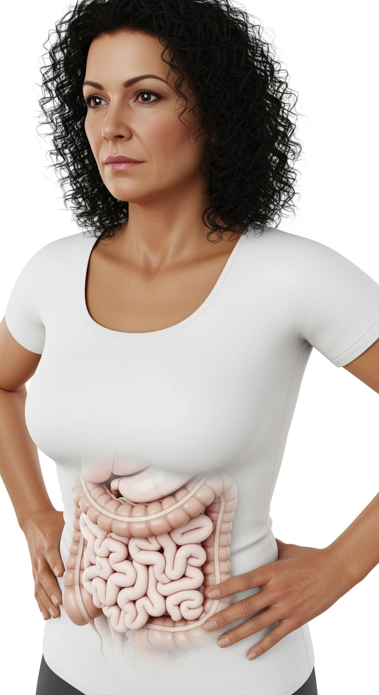 DONNA CHE SI STRINGE I FIANCHI CON LE MANI PER MISURARLI, INTESTINO ANATOMICO REALISTICO IN EVIDENZA, iperrealistico 4k, SENZA METRO, ISOLATA SU SFONDO BIANCO emoji