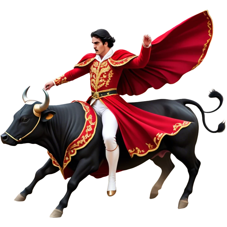​Cinematic Realistic Spanish Matador in Action, depicted in an ornate traje de luces with a flowing red cape, captured in the dramatic moment of confronting a charging bull in a traditional bullring, rendered with dynamic motion and dramatic lighting that encapsulates the intensity and artistry of the spectacle, emoji