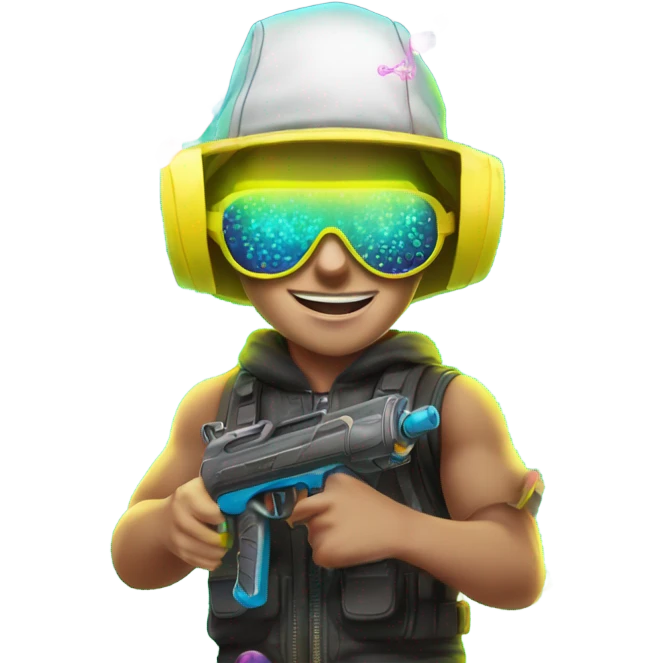 Caucasian boy in glowing rave outfit with mask, sunglasses, and headgear, firing hundreds of bubbles out of a water gun emoji