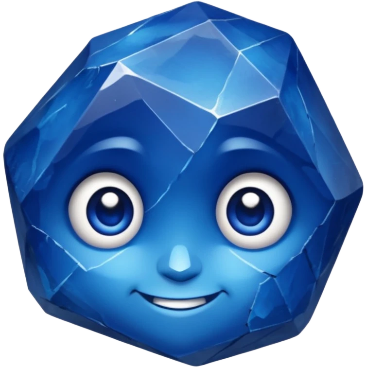 A single sapphire-blue faceted rock head, chunky and worn, with very visible cracks and chipped facets but still shiny, big kind eyes and a confident smile emoji