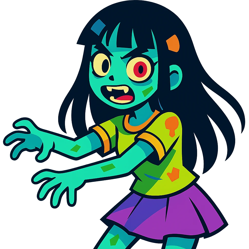 a zombie girl with black long hair and bangs, vibrant anime style, bright colors, dynamic emoji