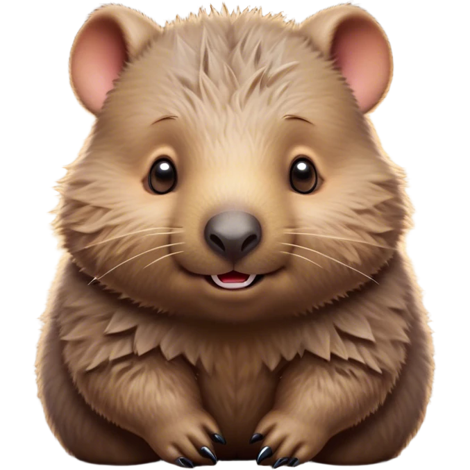 Cinematic Cute Wombat Portrait Emoji, Head tilted playfully and inquisitively, featuring a fluffy, shaggy brown fur with a round, endearing face and twinkling eyes full of gentle curiosity, Simplified yet irresistibly adorable features, highly detailed, glowing with a warm, friendly glow, high shine, affectionate and chubby, stylized with a touch of bushland whimsy, bright and endearing, soft glowing outline, capturing the essence of a mischievous yet loving wombat, so playful it feels like it could trundle out of the screen into your arms! emoji