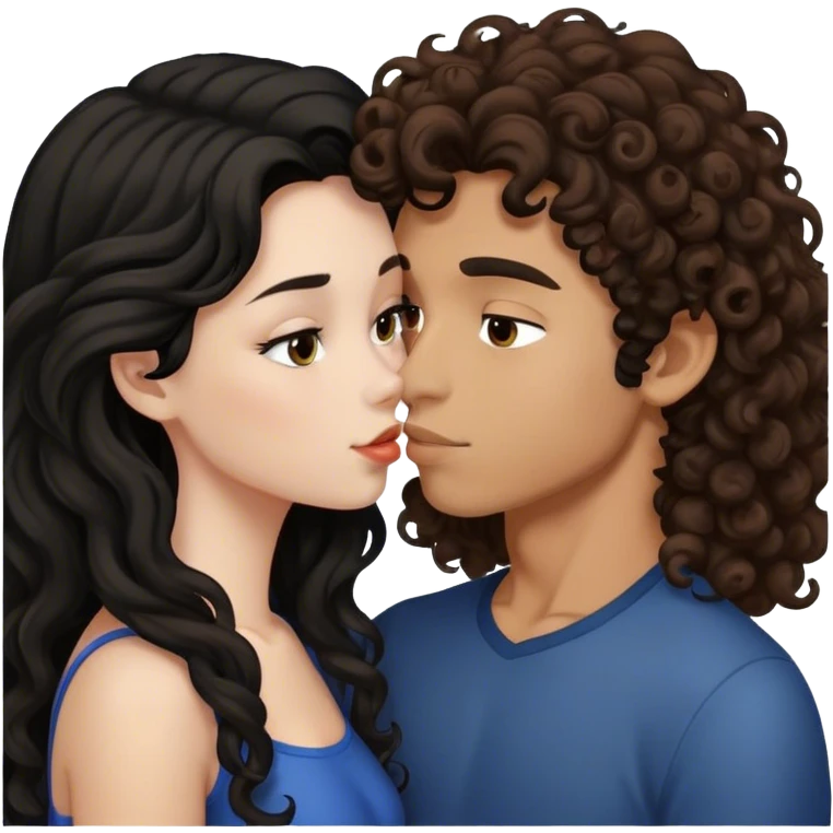 A girl with black long hair kissing a boy with brown curly hair  emoji