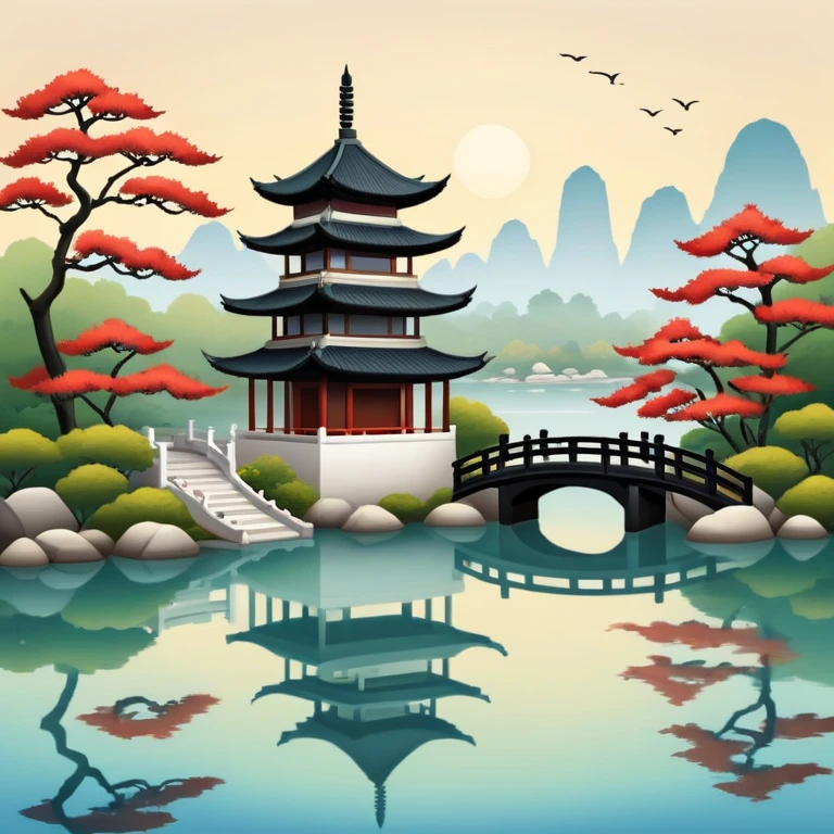 Chinese garden with pagoda and calm water emoji