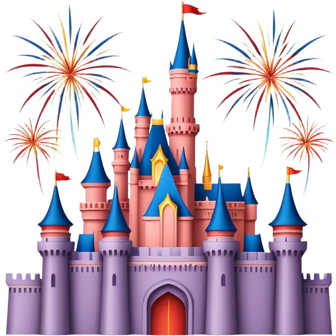 Shanghai Disney Castle with fireworks, simplified emoji style with bold outlines and bright colors, cartoon style fairy tale castle emoji