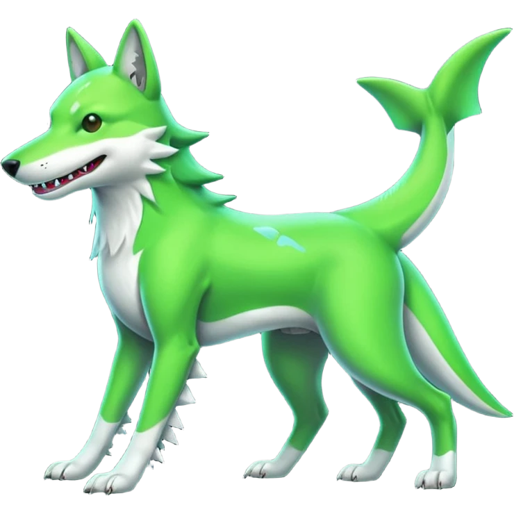 Neon-green-landhai-dog-sergal-wolf-canine, with a shark tail, emoji