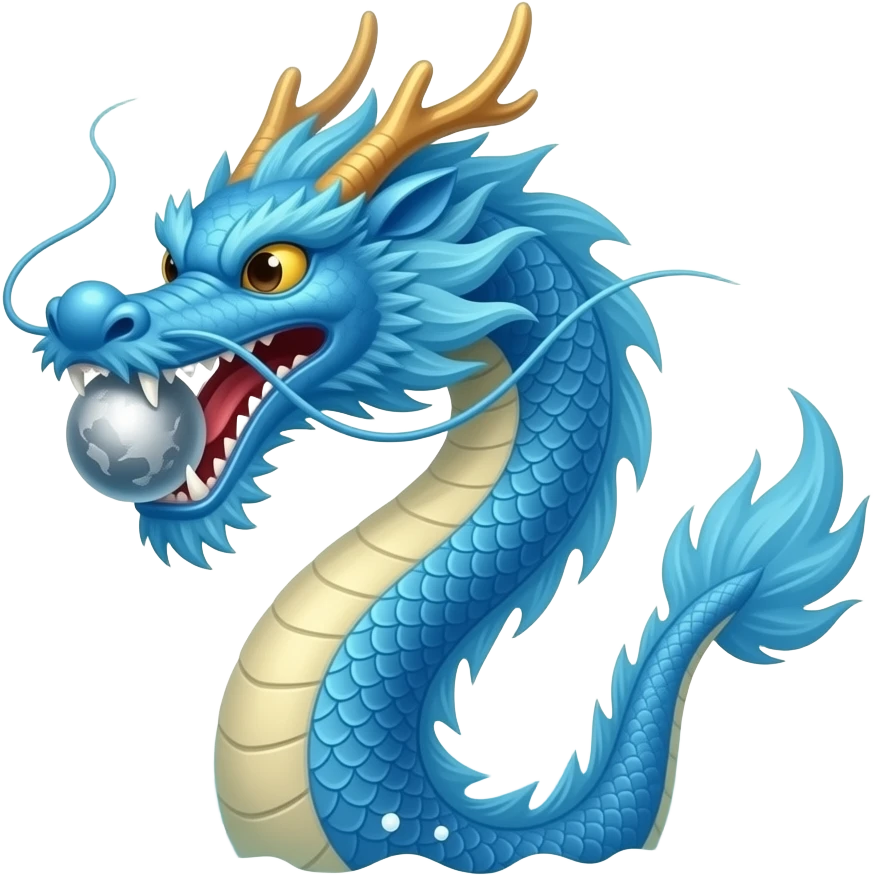 A blue Chinese serpentine dragon emerges from the sea and hovers above the surface, holding a silver planet in its teeth. emoji