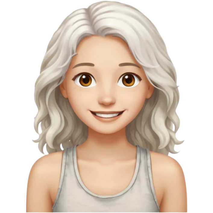 woman with wavy long white hair and brown eyes. smiling in a grunge tanktop emoji