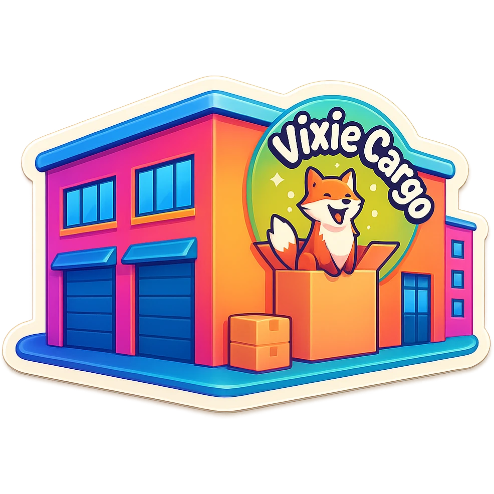 Create a variation of the parcel warehouse building emoji with the Vixie Cargo logo, using a different color scheme for the building, keeping the logo visible, with no background. emoji