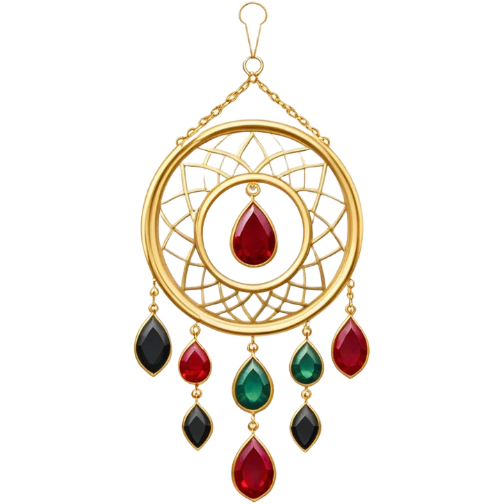 Epic Hanging gold suncatcher, threads with shiny sparkly bloodstone and ruby and obsidian gemstones,  emoji