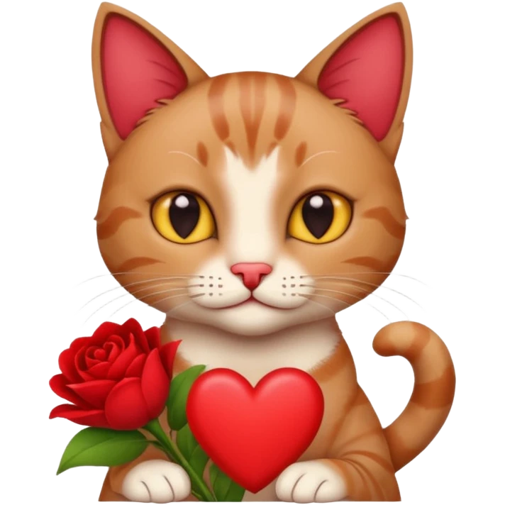 Male cat holding red flowers and heart emoji