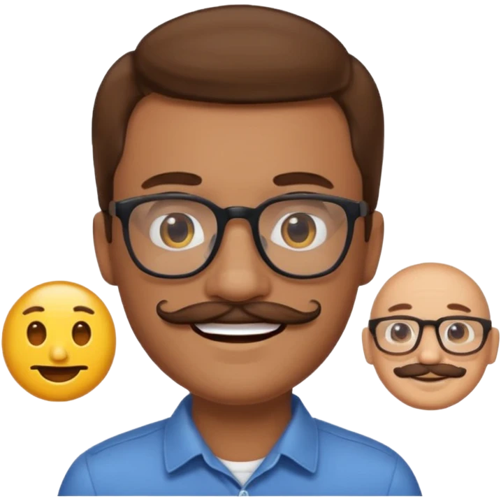 2D apple emoji style man with light skin, brown hair, mustache, glasses, smiling emoji