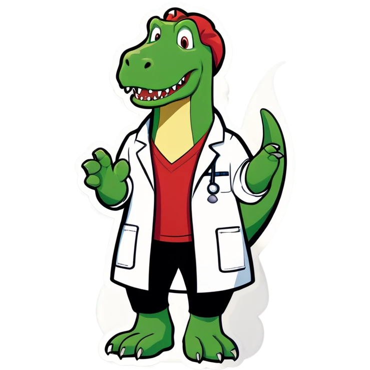 Green trex wearing a white lab coat with name tag that says Rex emoji