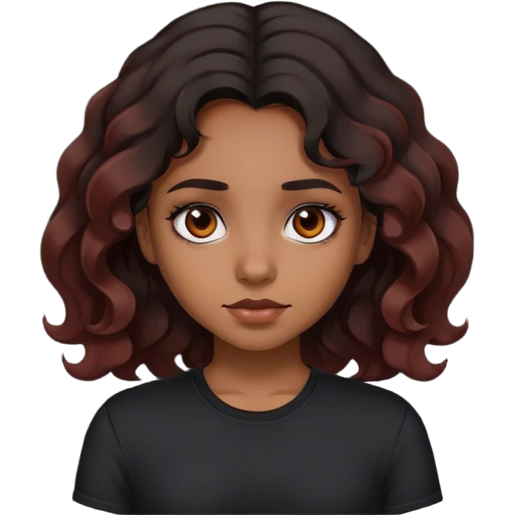 brown girl with black eyes and black wavy hair with the ends dyed reddish brown wearing black shirt emoji