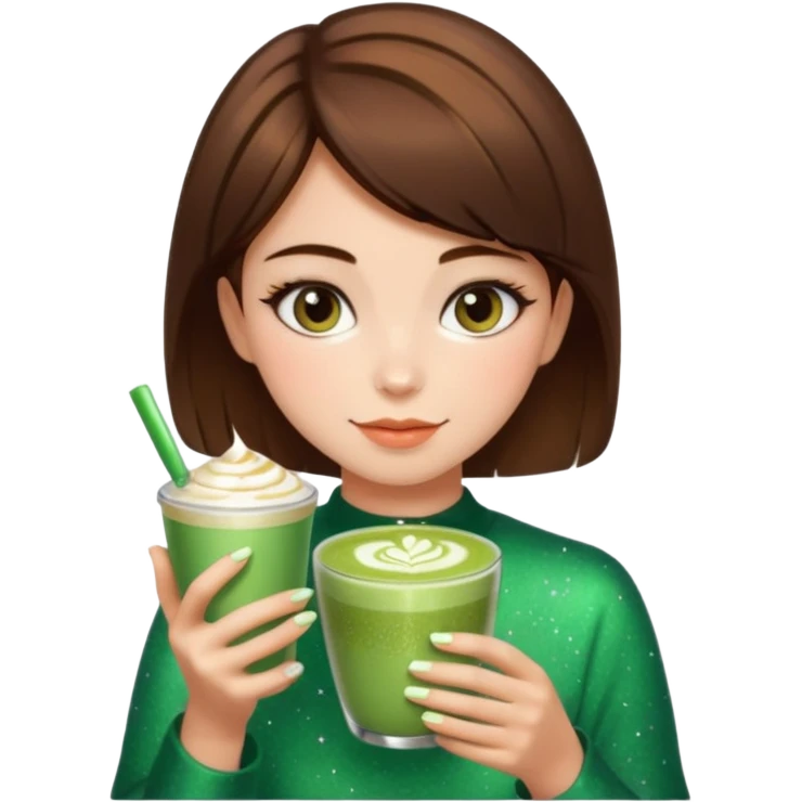pink soft girl aesthetic short brown hair girl makeup, skincaRE, SPARKLES, AND MATCHA LATTE emoji