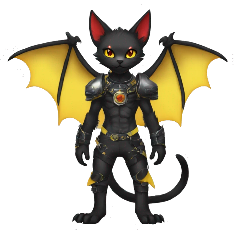 cool anthro edgy black punk red yellow ethereal fantasy nargacuga-bat-cat-Fakemon collar harness full body emoji