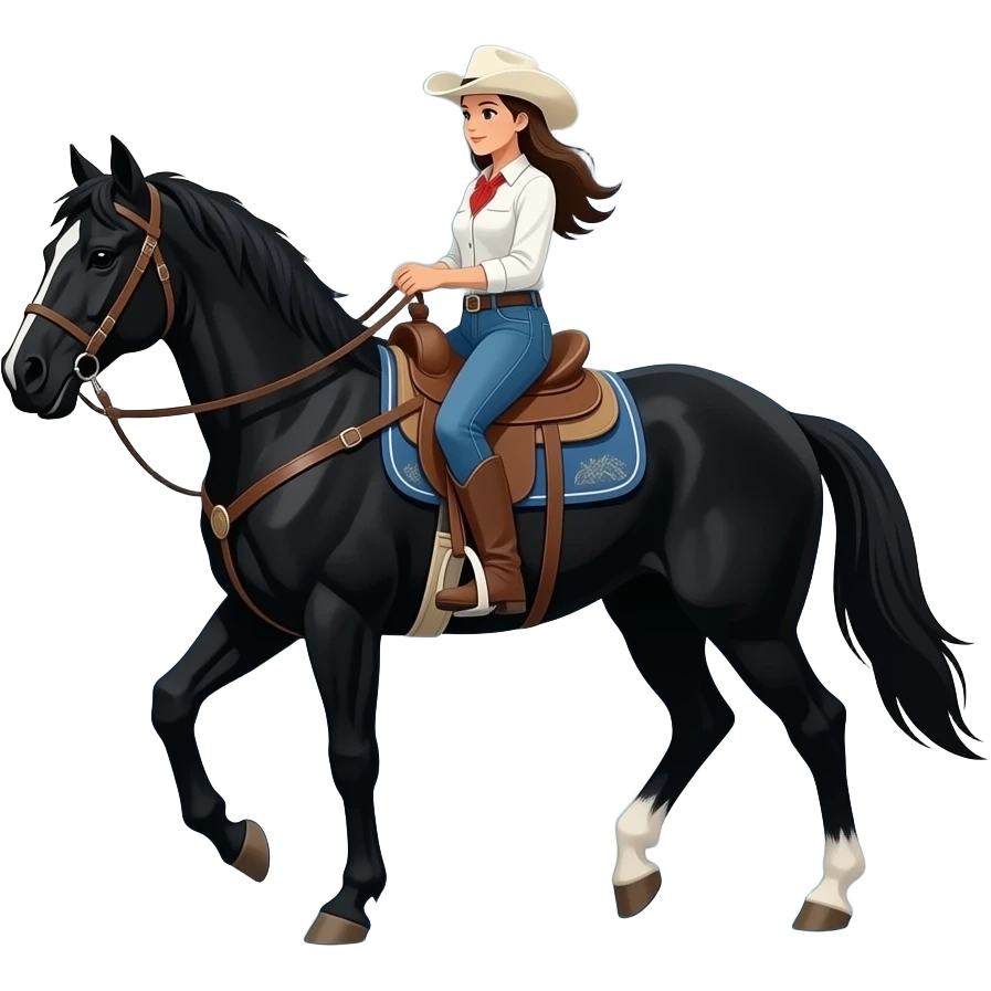 cowgirl leading black horse in thunderdtorm emoji