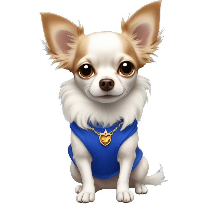 Long-haired white Chihuahua with reddish brown markings wearing royal blue pajamas emoji