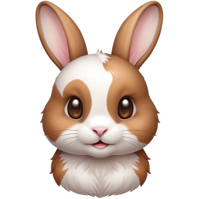 Cinematic Cute White and Brown Rabbit Portrait Emoji, Head tilted playfully and inquisitively, featuring a silky fur with a delicate mix of white and brown patches, round, sparkling eyes filled with curiosity, Simplified yet irresistibly adorable features, highly detailed, glowing with a warm, friendly glow, high shine, affectionate and lively, stylized with a touch of whimsy, bright and endearing, soft glowing outline, capturing the essence of a mischievous yet loving bunny, so playful it feels like it could hop out of the screen and into your arms! emoji