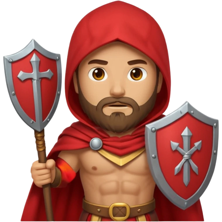 An emoji portrait of a Spartan warrior. He has a determined expression and a beard. He wears a red cloak and holds a shield with a lambda symbol. emoji