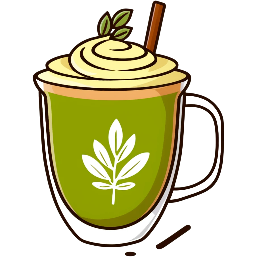 matcha latte with leaf detail, warm olive-brown tones, soft dreamy illustration emoji