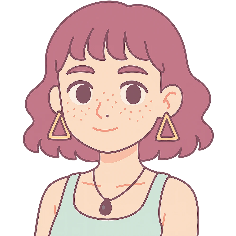 white woman with freckles, teardrop nose piercing, wavy wine purple hair to shoulders, short bangs, triangular hoop earrings, black stone necklace, tank top, thick eyebrows, large brown eyes, anime style, sensual emoji