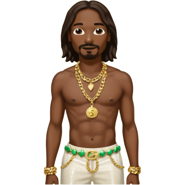 Snoop Dogg with long dark brown hair, cream sequin baggy pants, shirtless with necklace emoji