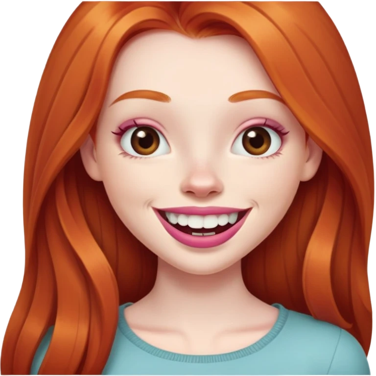 Young girl with pale skin, full pink lips smiling with big teeth, very long straight ginger red hair, bigger nose, deep brown eyes, big mouth emoji