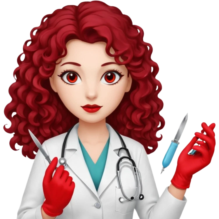 Lilith scalpel in hand, evil surgeon outfit.  She has red eyes. She has dark brown long curly hair. Wears sexy doctor outfit with red gloves emoji