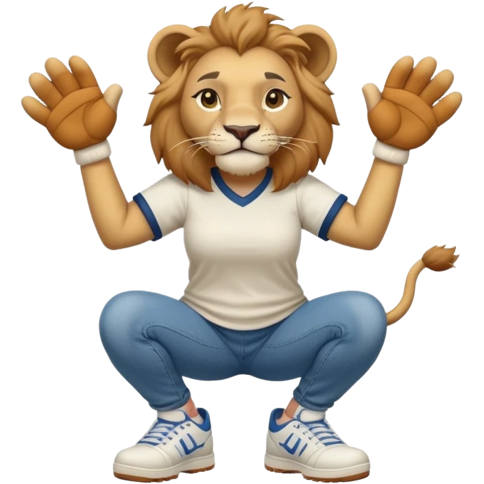 friendly anthropomorphised female lion wearing a baseball shirt, jeans, and trainers, in a squat position, lifting something up emoji