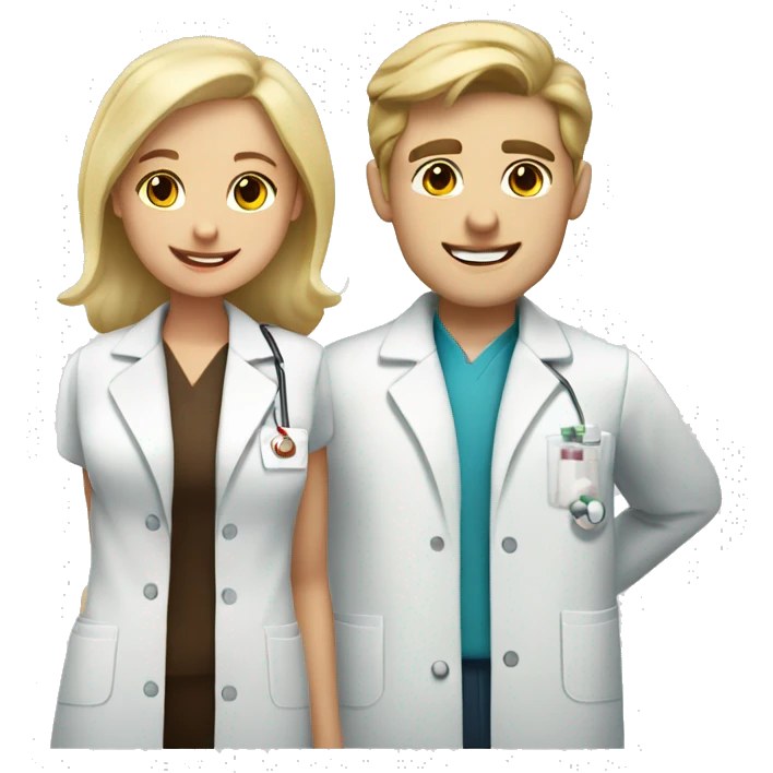 blonde female pharmacist and white male chemist with dark brown hair in love emoji