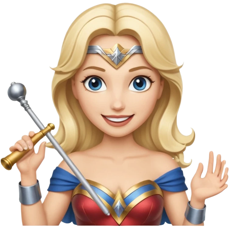 Blonde blue eyed Wonder Woman holding white orchestra conductor’s baton and bell emoji