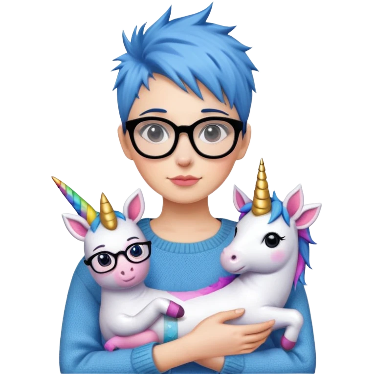 27 year old woman with blue short spiky hair, black glasses, and a sweater, holding a unicorn stuffed animal   emoji