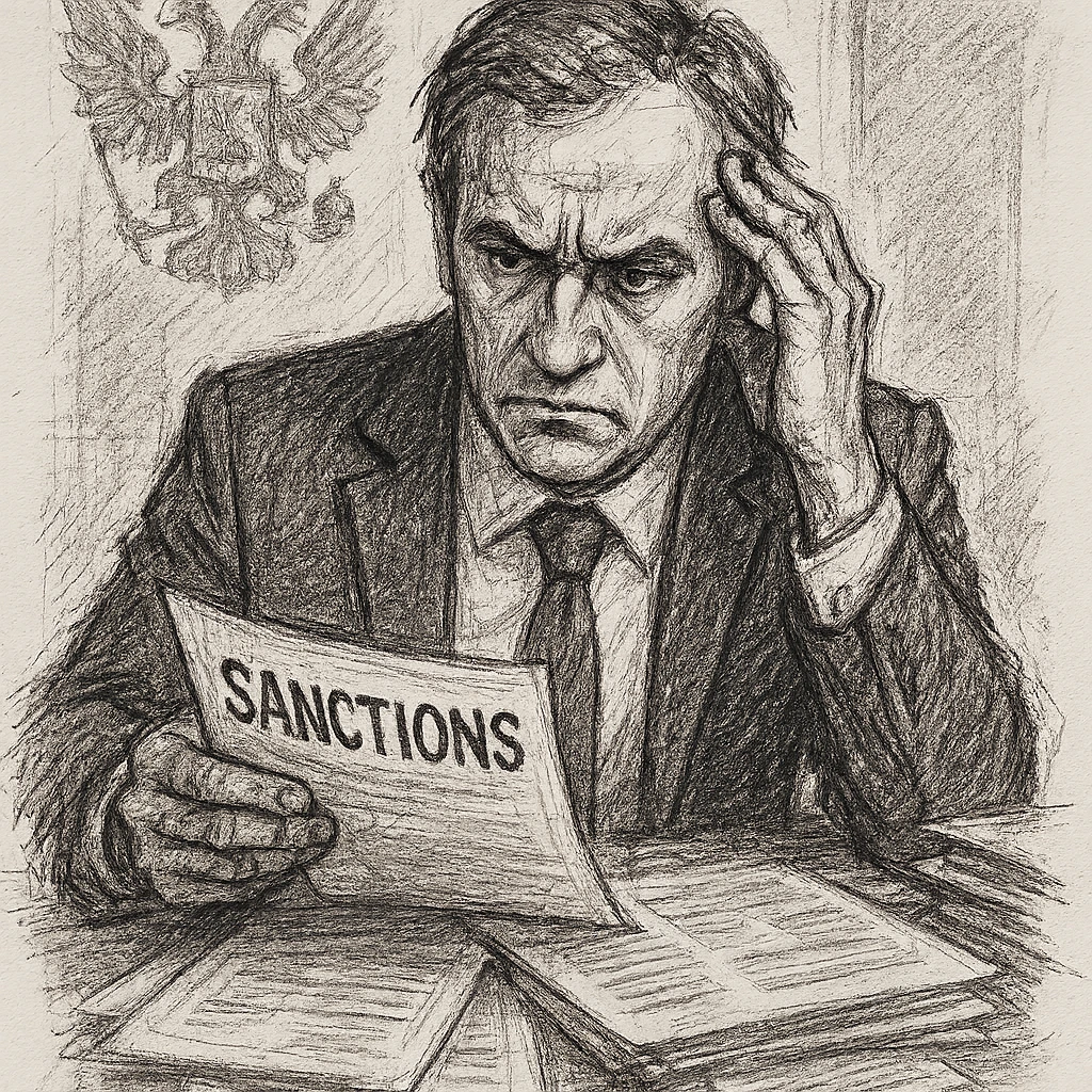 Russian Ministry of Finance employee dealing with sanctions, detailed line work, professional attire, intense expression, office background with financial documents emoji