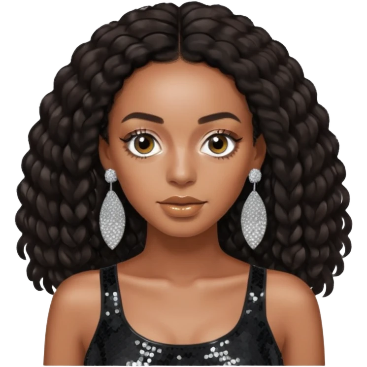 Solange with dark brown long hair, black sequin crop top, silver earring emoji