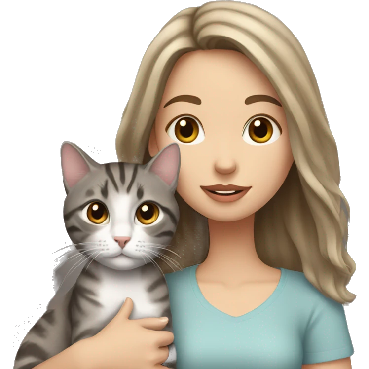white girl with brown hair holding grey tabby cat emoji