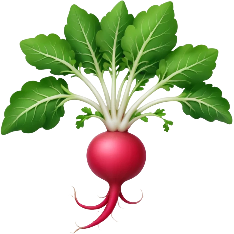 fresh radish, whole, round, pink-red, white root tip, smooth glossy, crisp, green leafy tops, no dirt, no slicing, no extras, soft lighting, emoji scale emoji